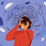 Illustration of anxious woman overwhelmed by thoughts