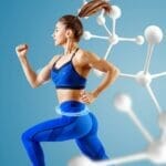 Healthy woman running with dna strand mockup